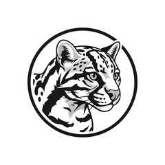 Wild Ocelot Face Logo. A striking big cat visage, rendered in sophisticated monochrome within a circular emblem. This powerful graphic embodies grace, agility, and the spirit of nature.