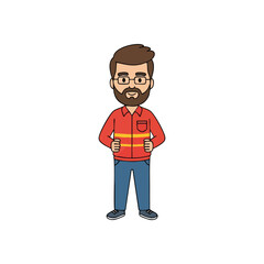 Modern Bearded Guy Avatar. A confident animated character with glasses, wearing a red shirt and jeans. This friendly male persona conveys an essence of readiness and calm.