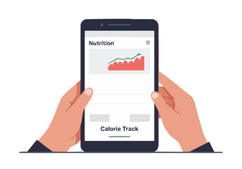 A person uses a smartphone to track nutrition, displaying a calorie intake graph. Hands hold the device, showcasing a modern health app interface. Clean, bright, and informative.