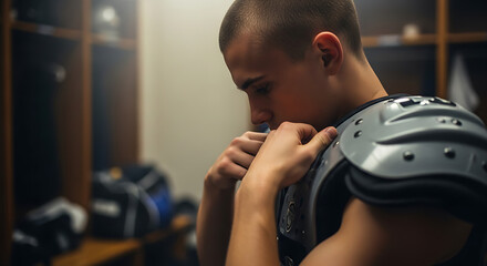 Young American football player adjusts shoulder pads in locker room before game preparing for athletic competition intense focus ready to play