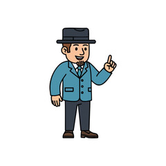 Confident Man Shares New Idea. This illustrated gentleman communicates a bright solution or thoughtful recommendation with an elevated digit. Ideal for conveying innovation, teaching, or offering.