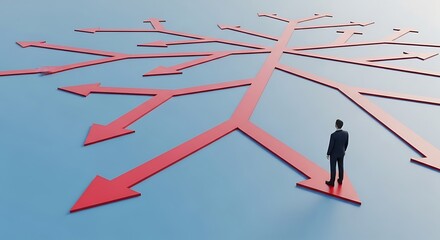 Man at a crossroads of red arrows, contemplating direction