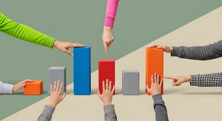 Multiple hands placing colorful rectangular blocks to form a bar chart on a pale background.