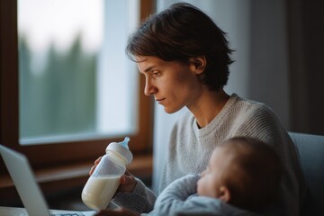 Caucasian female adult working remotely while holding baby and bottle