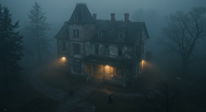 Eerie Mansion Cloaked in Fog Under the Night Sky Creates Spooky Atmosphere