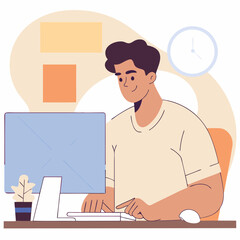 A vector illustration of a man sitting at a computer with a clock dial in the background. This design is ideal for projects related to time management, productivity, or digital work environments.