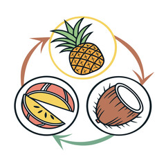 Vibrant gradient tropical fruit icons in a circular arrangement
