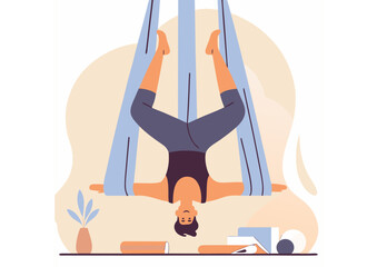 A vector illustration of a woman practicing yoga, hanging upside down on special ropes. This design is perfect for promoting yoga, wellness, and fitness practices, especially those related to aerial y