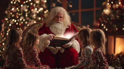 Santa Claus reading a storybook to children in a cozy, festive living room with holiday decorations - Powered by Adobe