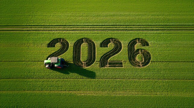 Green tractor ploughs field creating year number agriculture farming - Powered by Adobe