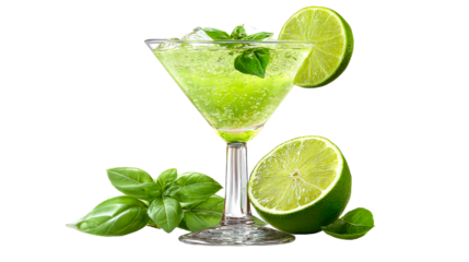 A vibrant cocktail featuring fresh basil and lime