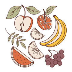 Retro fruit icon set with mid century modern colors and clean outlines