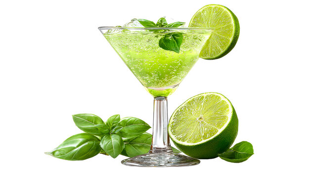 A vibrant cocktail featuring fresh basil and lime - Powered by Adobe