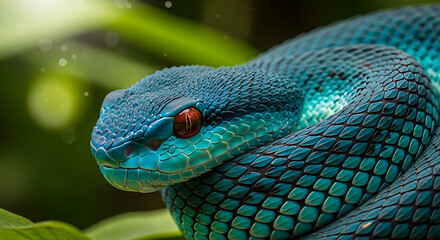 Fototapeta premium A blue viper with red eyes is coiled in a lush green environment