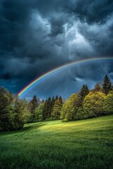 Naklejka premium Scenic Rainbow Arch Across Meadow Field Under Clear Blue Sky Symbolizing Hope and Renewal