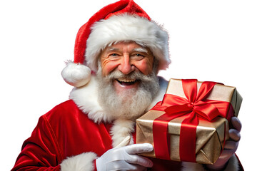 A jolly santa claus with a white beard holds a gold gift box with a red ribbon, isolated on a transparent background