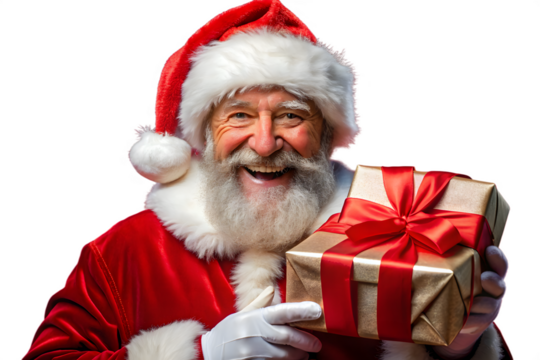 A jolly santa claus with a white beard holds a gold gift box with a red ribbon, isolated on a transparent background