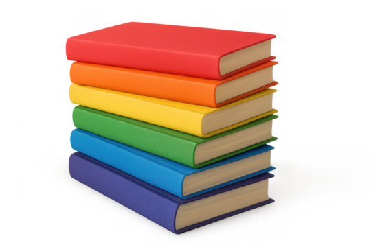 Stack of colorful books forming a rainbow with transparent background