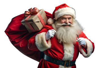 A happy santa claus with a white beard carries a large red sack filled with gifts, isolated on a transparent background