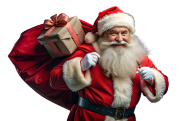 A happy santa claus with a white beard carries a large red sack filled with gifts, isolated on a transparent background