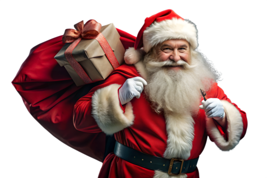 A happy santa claus with a white beard carries a large red sack filled with gifts, isolated on a transparent background