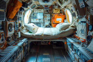 Astronauts floating in the microgravity of a spacecraft.