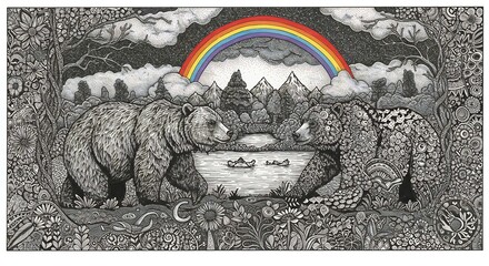 Whimsical Bears and Rainbow in Detailed Nature Scene