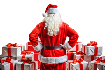 Santa claus standing with his back to the camera, surrounded by a large collection of wrapped christmas presents, isolated on a transparent background