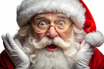A surprised santa claus with wide eyes and hands raised in amazement, isolated on a transparent background