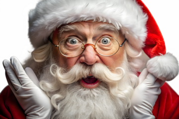A surprised santa claus with wide eyes and hands raised in amazement, isolated on a transparent background