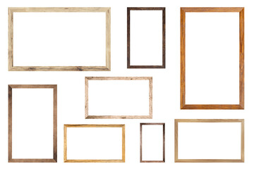 Set Classic Old Vintage Wooden mockup canvas frames isolated on white background. Blank Beautiful...