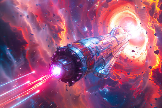 Cosmic traveler riding a sleek spacecraft through a wormhole. - Powered by Adobe
