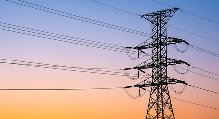Fototapeta premium A power pylon stands silhouetted against a colorful sunset sky