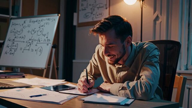A stressed man at a desk with a laptop and whiteboard, viewed from a side angle. The video captures a dimly lit, cluttered workspace scene. - Powered by Adobe