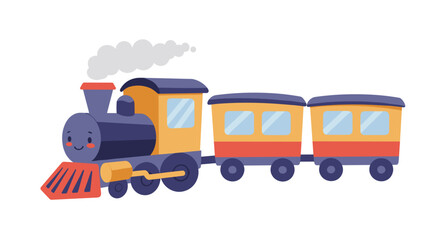 Cartoon train with colorful carriages on white background  
