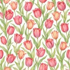 Watercolor-style seamless pattern of pink and orange tulips with green leaves on white. Soft, elegant floral design ideal for spring themes, textiles, wrapping paper, and seasonal decor.