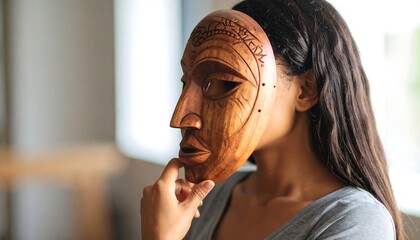 Woman wearing a wooden mask