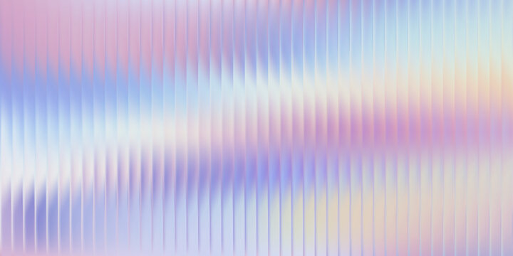 Holographic glass distortion in pastel lilac, peach and sky blue. Blurred ripple stripes with glossy vertical gradient, vector illustration