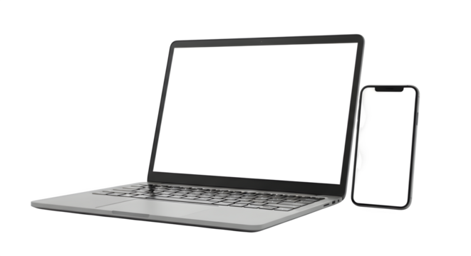 3D Render of a Modern Laptop Computer and Smartphone with Blank Screens on transparent background