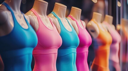 Colorful Sports Bras Displayed on Mannequins in Retail Storefront
