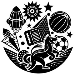 Playful black-and-white vector illustration of a whimsical horse with dots, surrounded by stars, a bird, a globe, and travel icons in a surreal, minimalist style