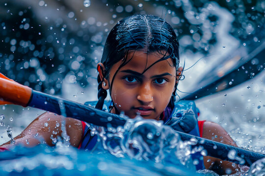 With courage and skill, an Indian girl paddles furiously, her eyes alight with excitement as she conquers each rapid with determination and grace.
