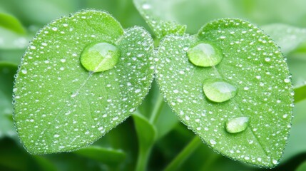 Close-Up View of Fresh Leaves with Water Droplets in Nature