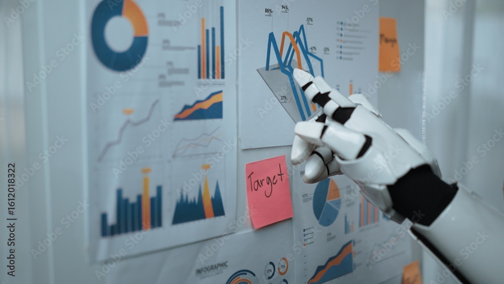 Poster a robotic hand interacts with various data visualizations displayed on paper charts, showcasing a mo