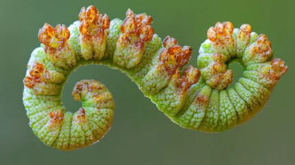 Close-up View of Green Caterpillar with Unique Curling Shape
