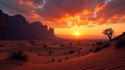 Desert sunset landscape with mountains and sand dunes © Volodymyr Hankevych