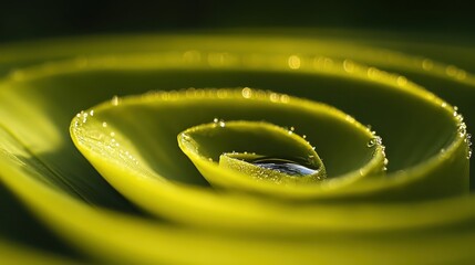 Close-up View of Green Leaf with Water Droplets in Spiral Form