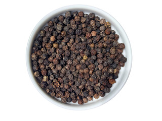 Black Peppercorns in White Bowl - Top View Dry Spice Isolated on Transparent Background Stock Photo

