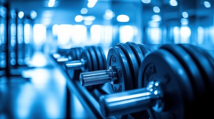 Fototapeta premium Close-up of Dumbbells in Modern Gym Environment with Blue Lighting