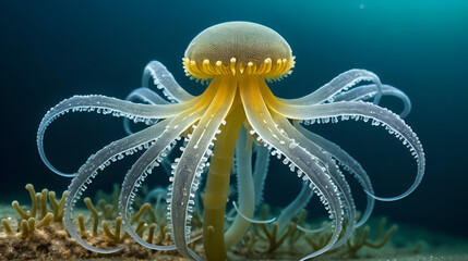 Hydra is a genus of small, fresh-water animals of the phylum Cnidaria and class Hydrozoa under the microscope for education.